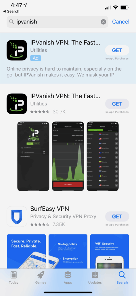 IPVanish iOS client in the App Store