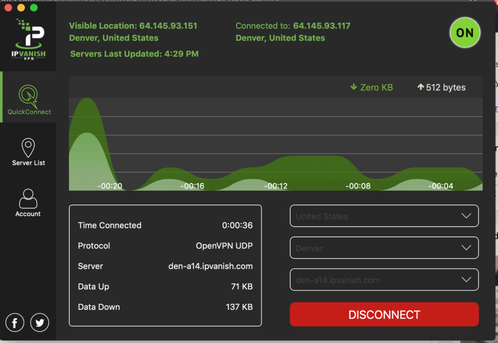 IPVanish VPN Client on MacOS - Here I've connected and chosen a server in Denver, CO. 