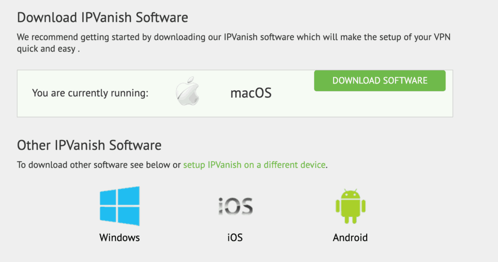 IPVanish - download options for client software